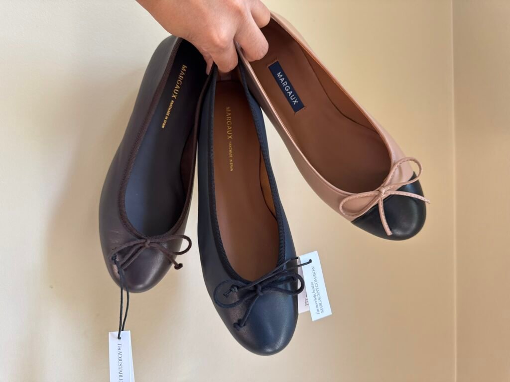 Margaux ballet flats in black, brown, and cap-toe nappa leather compared for fit and style