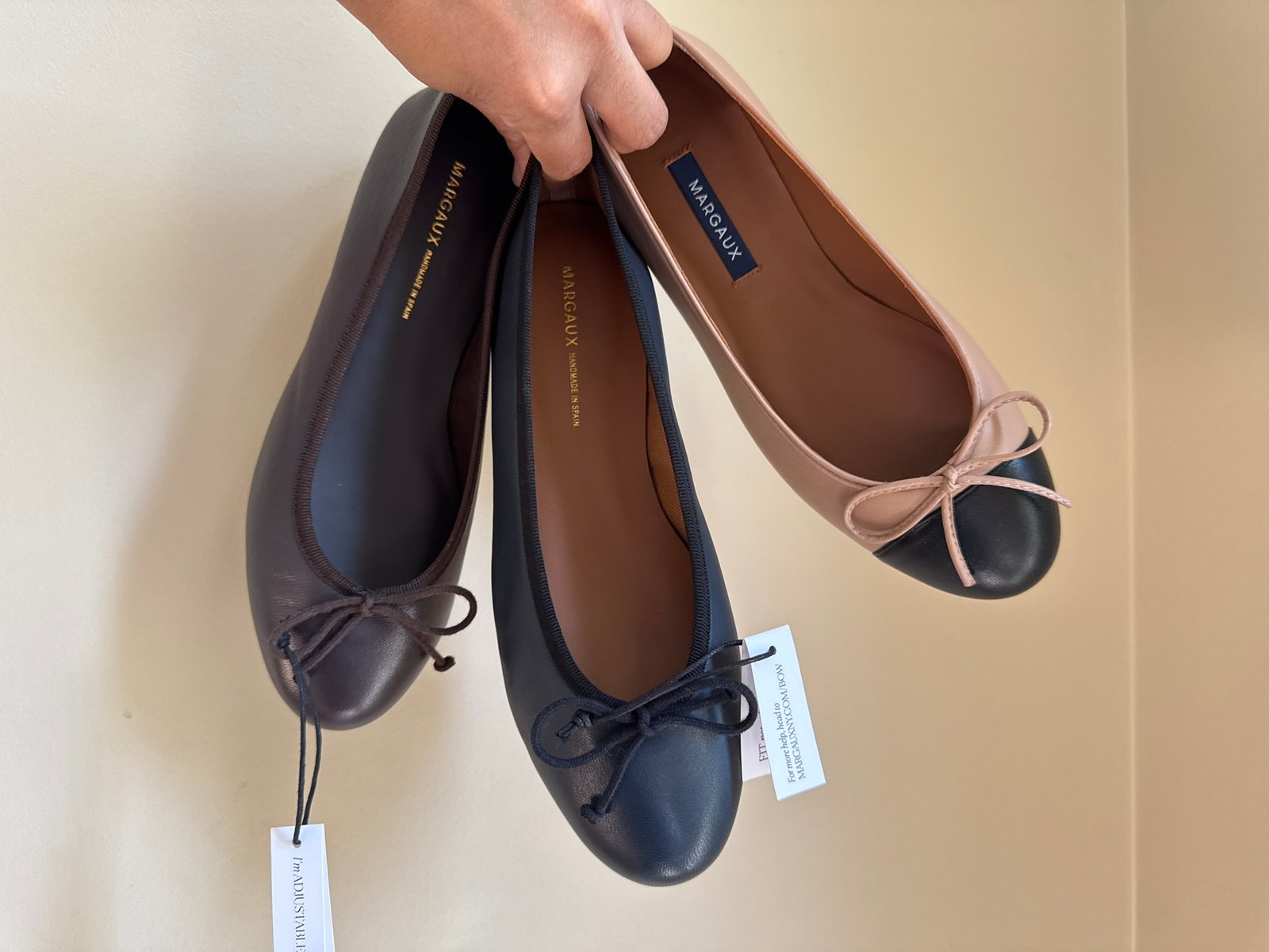Margaux ballet flats in black, brown, and cap-toe nappa leather compared for fit and style