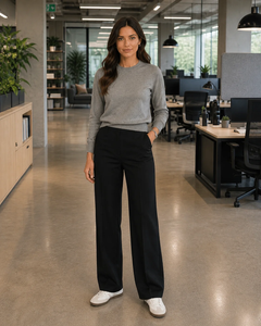Outfit for Casual Work Office: Formula 4: Slim Sneakers + Tailored Trousers + Crew-Neck Sweater