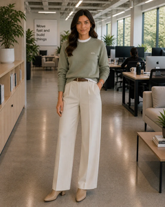 Outfit for Casual Work Office: Formula 6: Block-Heel Ankle Boots + Pleated Trousers + Sweatshirt